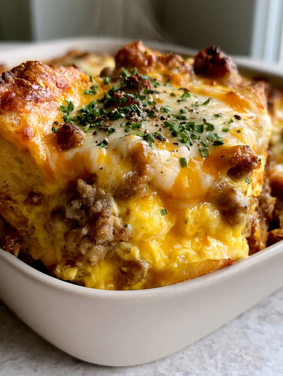 Macro side-profile of a thick slice of sausage and cheese breakfast casserole showing layers of sourdough, egg, and browned sausage.