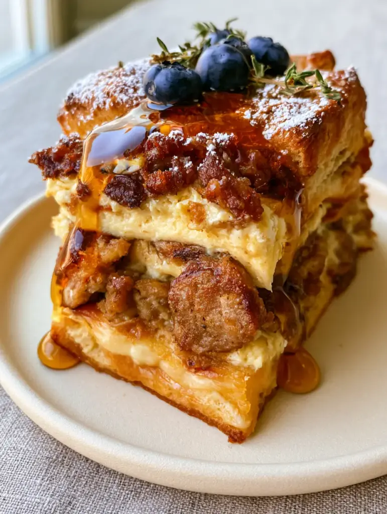 Sweet maple sausage breakfast casserole with Buttery Biscuits 1 Close-up of seared maple sausage crumbles and egg custard within the Sweet maple sausage breakfast casserole.