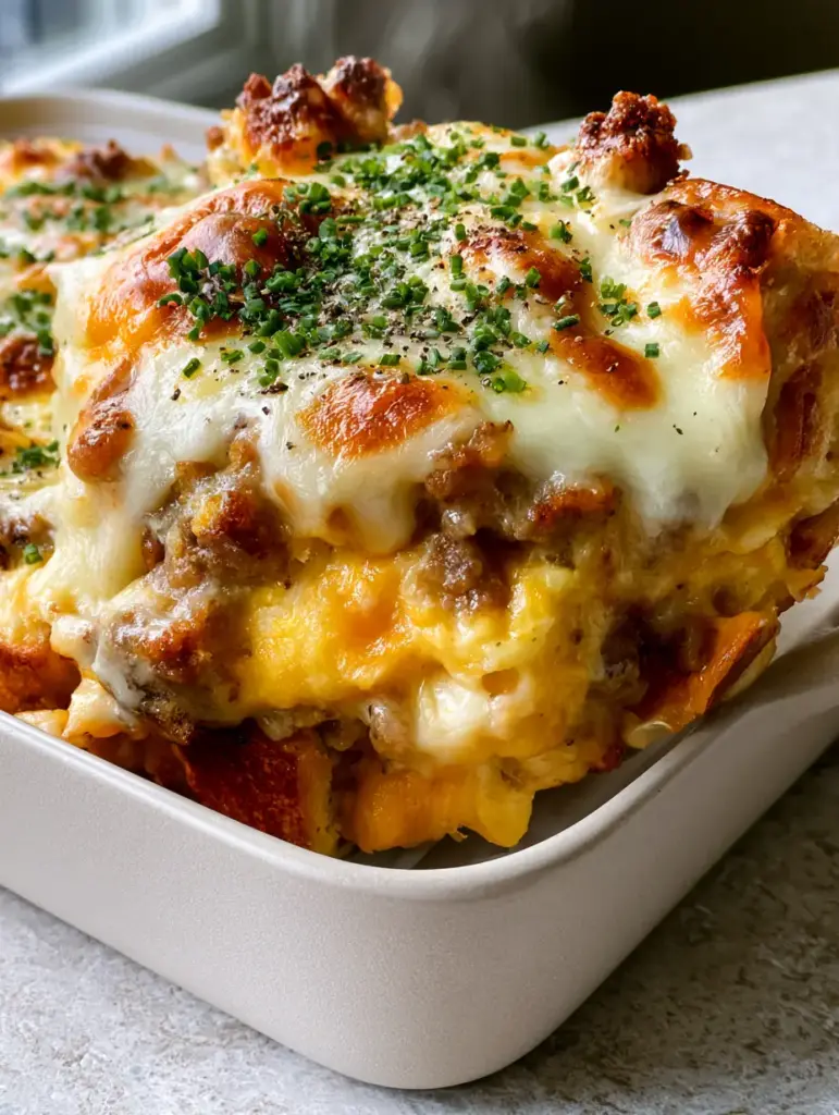 Close up of the bubbly golden cheese mantle on top of a sausage and cheese breakfast casserole garnished with chives.