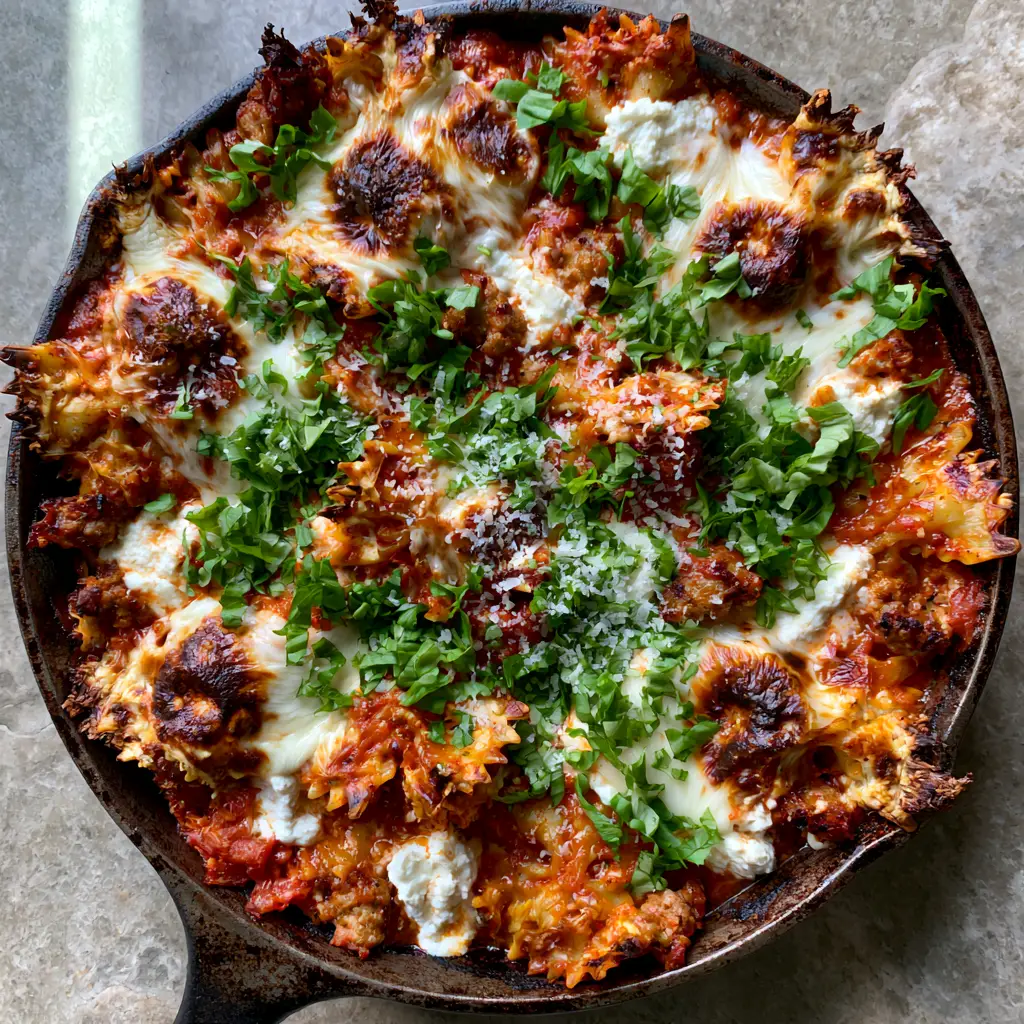 Tabletop view of a seasoned skillet filled with bow tie pasta lasagna, showing creamy ricotta and chunky sauce.