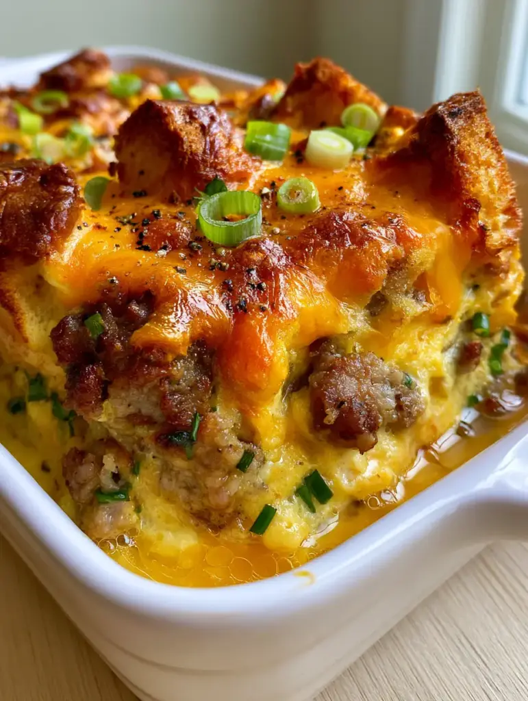 Paula Deen Breakfast Casserole: The Ultimate Buttery Southern Comfort 1 Top view of the Paula Deen Breakfast Casserole in a white ceramic dish with green onion garnish and melted butter sheen.