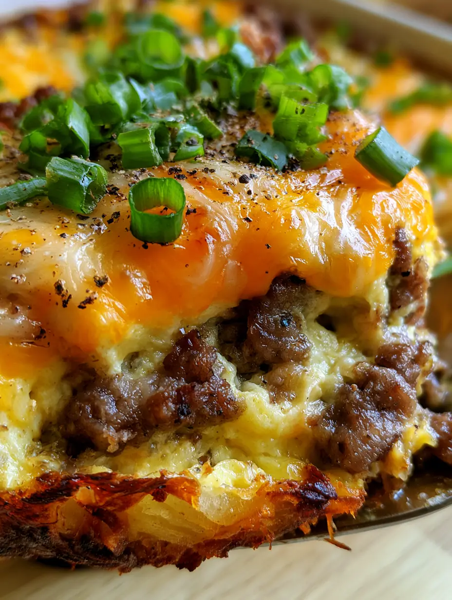 Mountain Man Crock Pot Breakfast: The Ultimate Crispy Hash Brown Casserole 3 Close-up high-angle photo of a Mountain Man Crock Pot Breakfast casserole slice being lifted with a spatula, featuring crispy hash browns and bubbling cheese. (Mountain Man Crock Pot Breakfast)