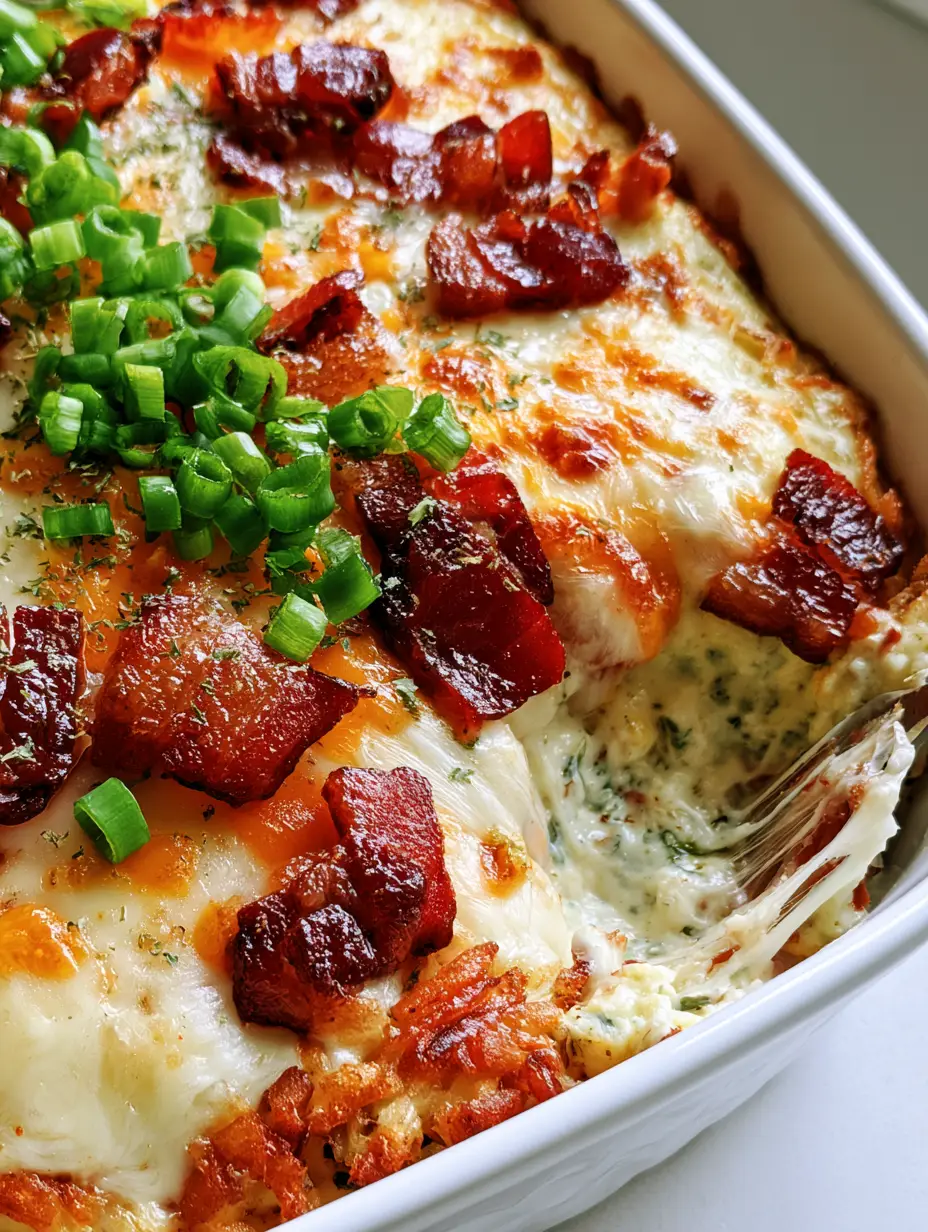 Crack Breakfast Casserole with Crispy Hash Browns and Bacon 3 45-degree hero shot of crack breakfast casserole in a white dish featuring golden hash browns and a cheese pull.
