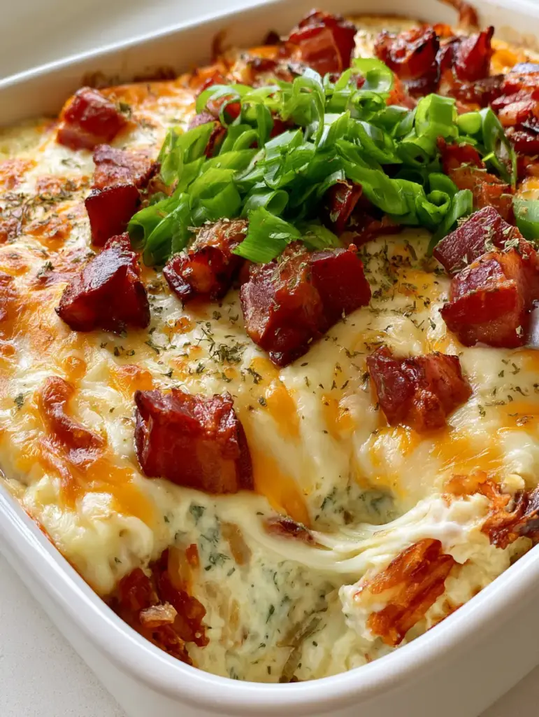 Crack Breakfast Casserole with Crispy Hash Browns and Bacon 1 Extreme close-up of melted cheddar and mozzarella on a crack breakfast casserole with ranch herbs.