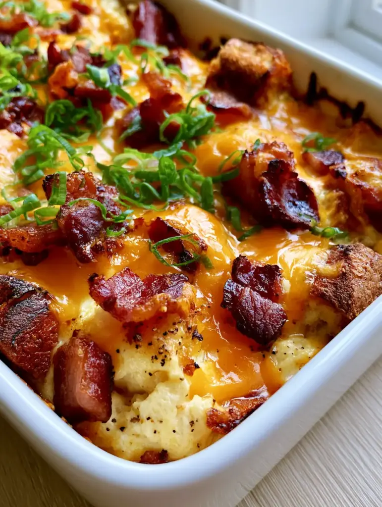 Bacon Egg and Cheese Breakfast Casserole with Toasted Sourdough 2 Overhead view of a bacon egg and cheese breakfast casserole showing fluffy eggs and toasted sourdough cubes under melted cheese.