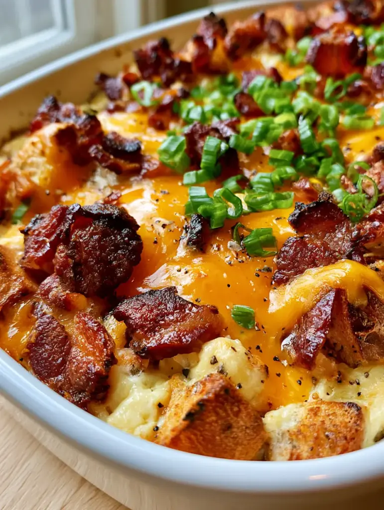 Bacon Egg and Cheese Breakfast Casserole with Toasted Sourdough 1 Close-up of crispy applewood smoked bacon bits with charred edges on top of a breakfast casserole.