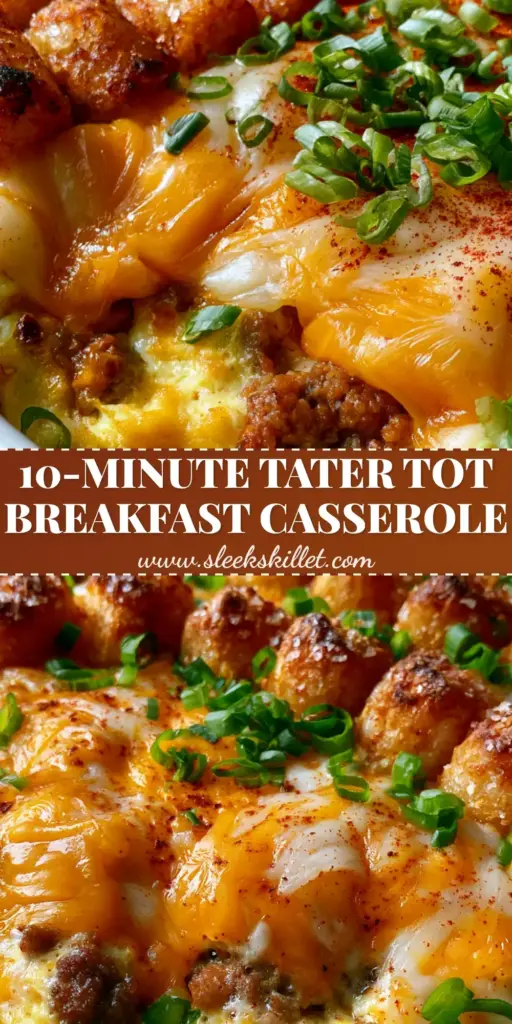 Breakfast Casserole with Crispy Tater Tots and Savory Sausage 3 A high-angle close-up of a breakfast casserole in a white dish featuring uniform rows of crispy golden-brown tater tots and melted bubbly cheese.