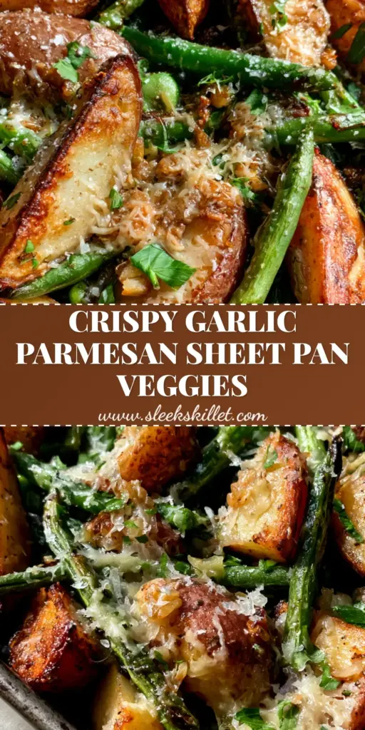 Potatoes and Green Beans recipe: The Ultimate Garlic Parmesan Roasted Side 4 A rustic dark metal sheet pan filled with roasted red potato wedges and blistered green beans topped with shaved parmesan. (Potatoes and Green Beans recipe)