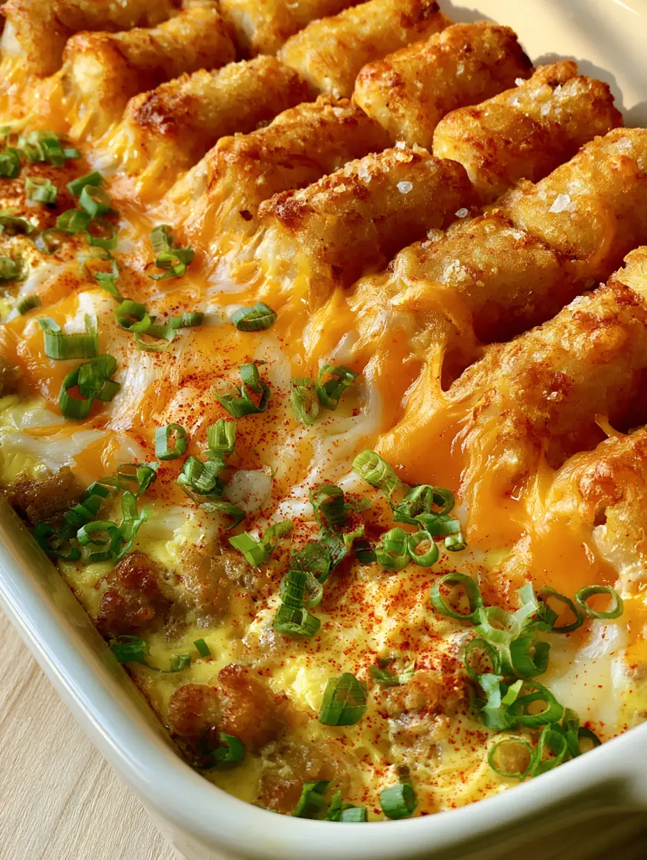 Breakfast Casserole with Crispy Tater Tots and Savory Sausage 4 Extreme close-up of a breakfast casserole showing the crispy texture of tater tots and the glossy oily sheen of melted Monterey Jack cheese.