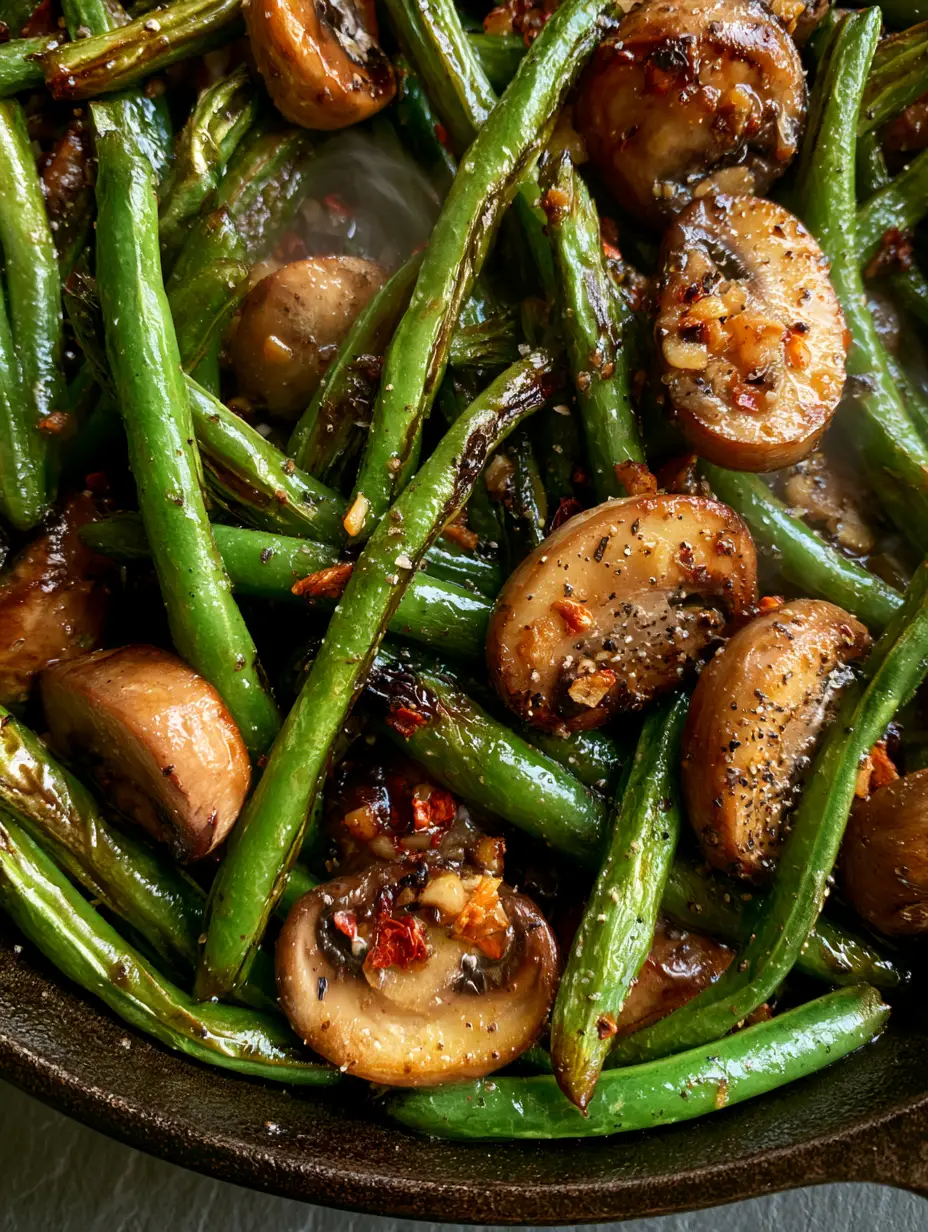 Extreme close-up overhead shot of blistered vibrant emerald green beans and seared cremini mushrooms in a black skillet. (garlic butter sautéed green beans and mushrooms)