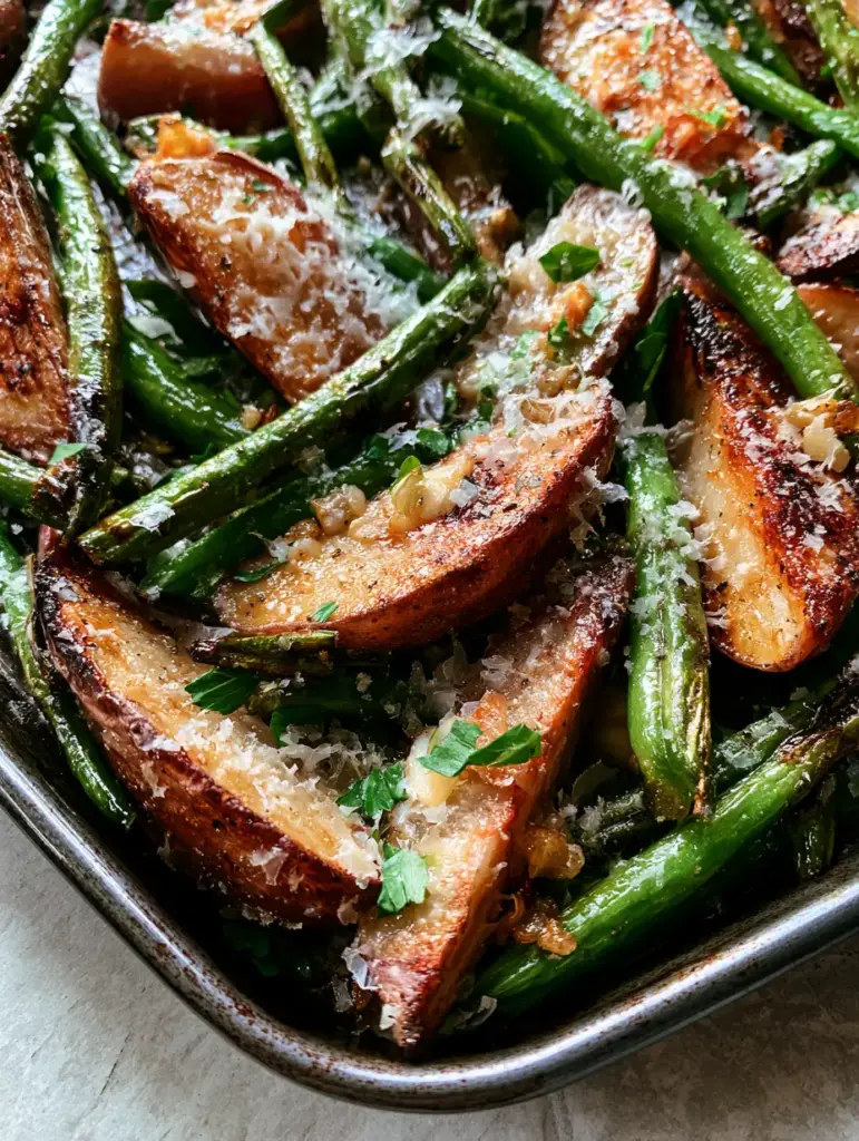 Potatoes and Green Beans recipe: The Ultimate Garlic Parmesan Roasted Side 2 High-angle close-up of crispy roasted red potato wedges and charred green beans with lacy parmesan cheese. (Potatoes and Green Beans recipe)