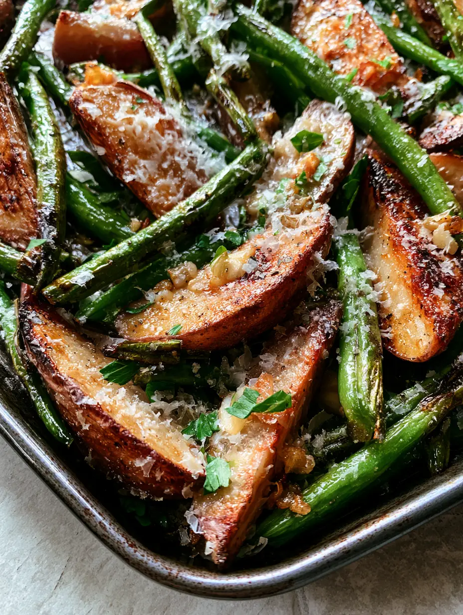 Potatoes and Green Beans recipe: The Ultimate Garlic Parmesan Roasted Side 3 High-angle close-up of crispy roasted red potato wedges and charred green beans with lacy parmesan cheese. (Potatoes and Green Beans recipe)