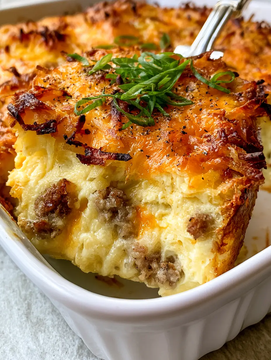 Creamy breakfast casserole with Crispy Hashbrowns and Sausage 3 Close-up of a square of Creamy breakfast casserole with browned sausage, melted cheddar, and fresh scallions.