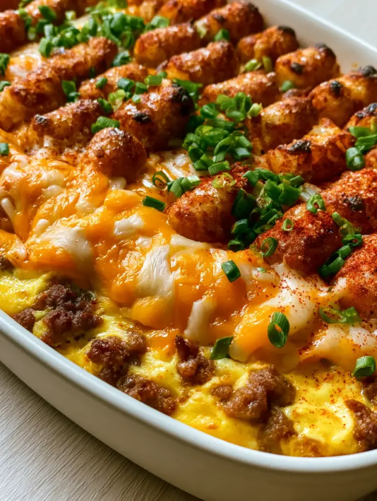 Breakfast Casserole with Crispy Tater Tots and Savory Sausage 1 Overhead view of a breakfast casserole garnished with bright green scallions and a dusting of smoked paprika on a light wood background.