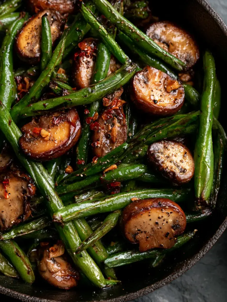 Detailed shot of glistening garlic butter glaze coating thick-cut mushrooms and green beans with visible red pepper flakes.
