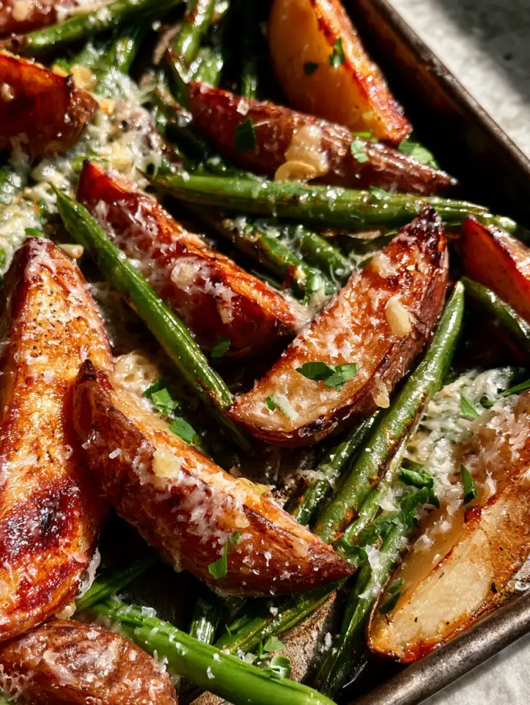 Potatoes and Green Beans recipe: The Ultimate Garlic Parmesan Roasted Side 1 Detailed view of translucent roasted garlic and shaved parmesan on roasted vegetables.