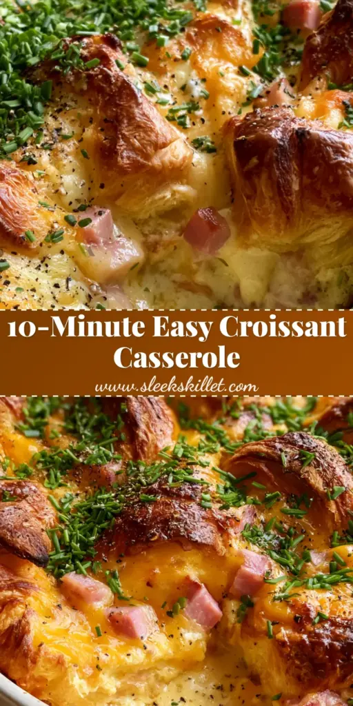 A close-up shot of a Croissant omelet breakfast casserole in a white ceramic dish featuring golden-brown croissant chunks and melted gruyere.