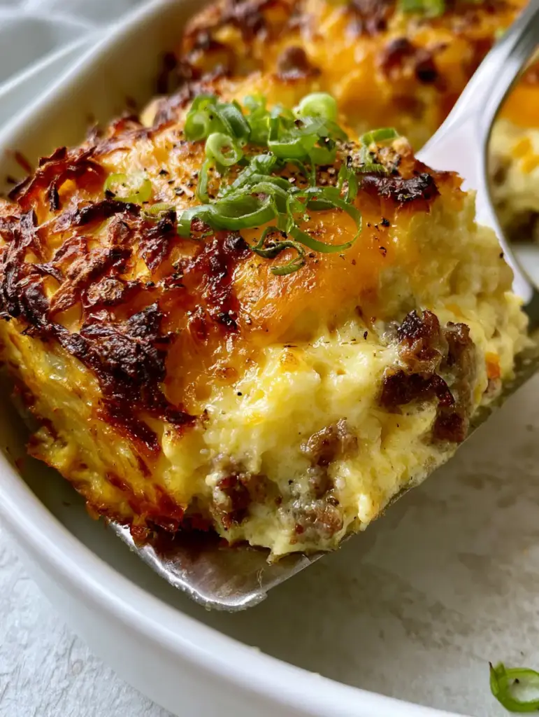 Creamy breakfast casserole with Crispy Hashbrowns and Sausage 1 High-quality shot of crispy shredded hashbrowns and bubbling sharp cheddar cheese on a Creamy breakfast casserole.