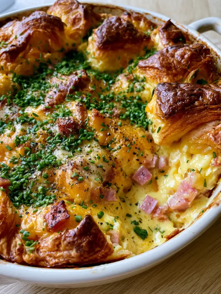 High-angle view of a Croissant omelet breakfast casserole showing flaky croissant edges and bubbling cheese pockets.