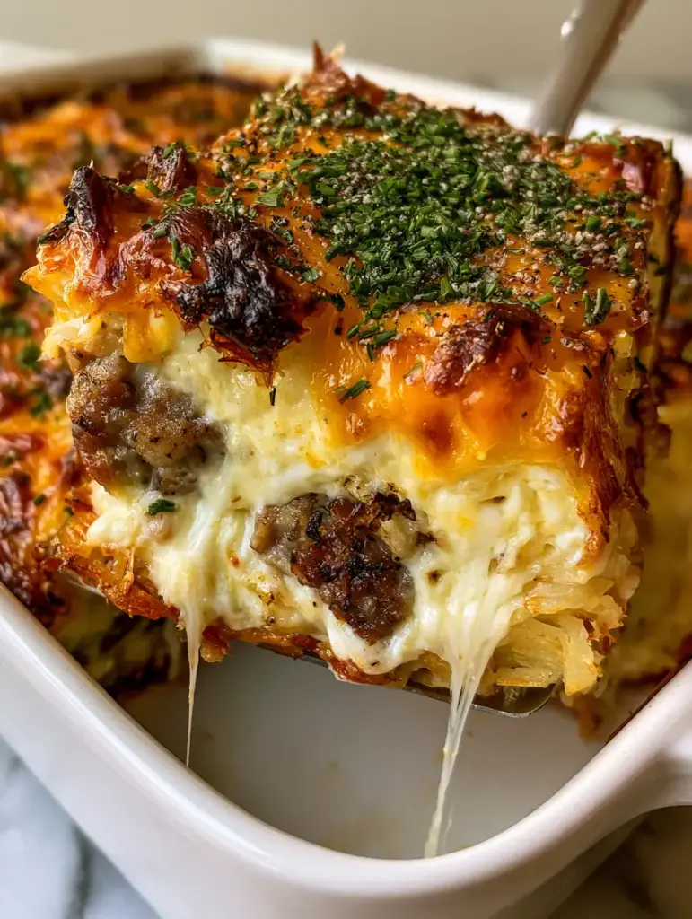 Close up shot of a breakfast casserole with bubbled sharp cheddar cheese, fresh chives, and coarse black pepper. (Sausage Egg and Cream Cheese Hashbrown Casserole)
