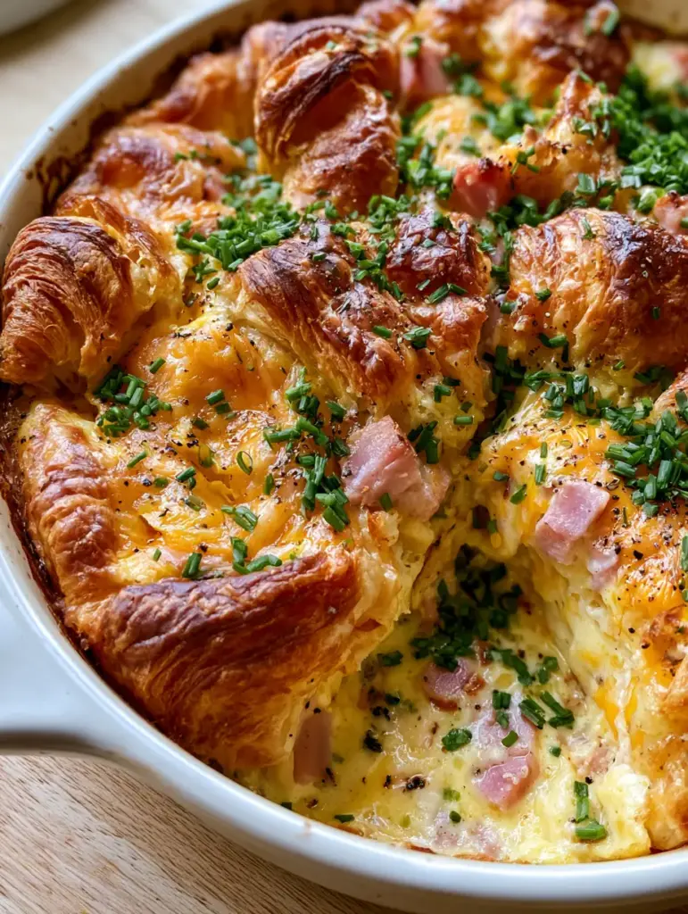A slice removed from a Croissant omelet breakfast casserole revealing a moist, cheesy, bread-pudding-like interior.