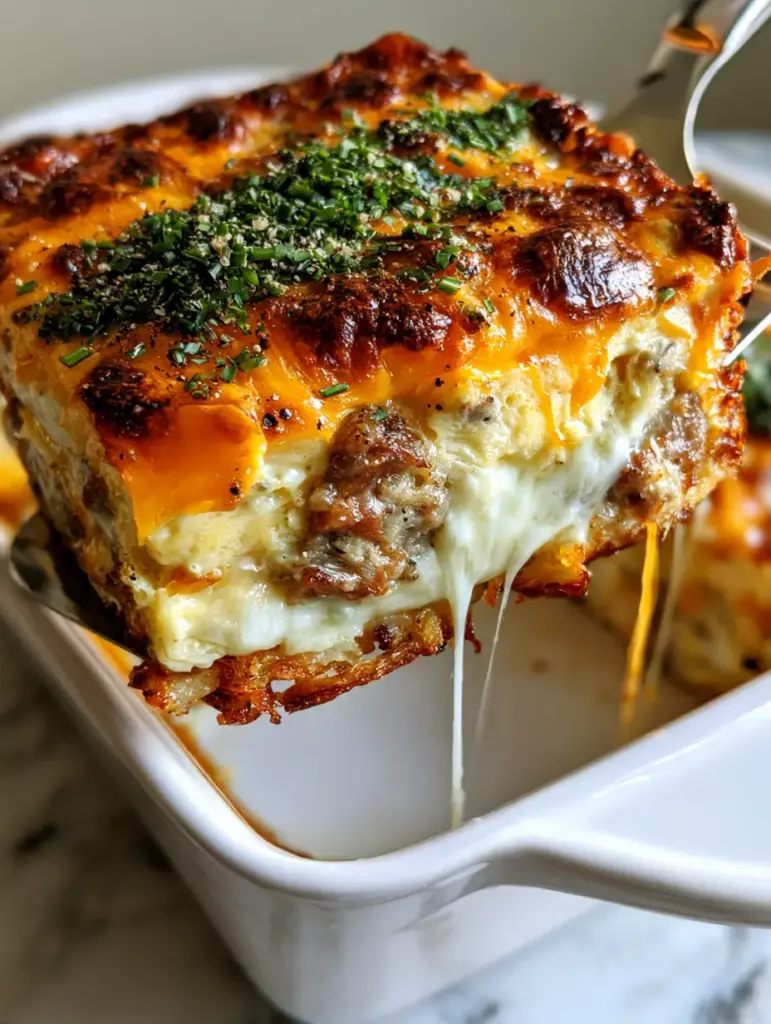 Sausage Egg and Cream Cheese Hashbrown Casserole: The Ultimate Crispy Breakfast Bake 1 Overhead view of a Sausage Egg and Cream Cheese Hashbrown Casserole in a ceramic baking dish with visible cheese pulls and chives.