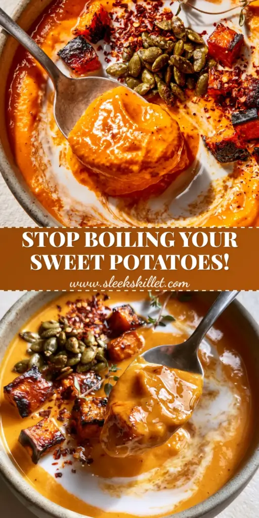 A top-down view of vibrant orange sweet potato soup in a matte bowl with coconut cream swirls and charred wedges.