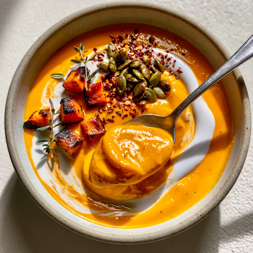 Top-down shot of sweet potato soup garnished with charred wedges, pepitas, and red chili flakes.