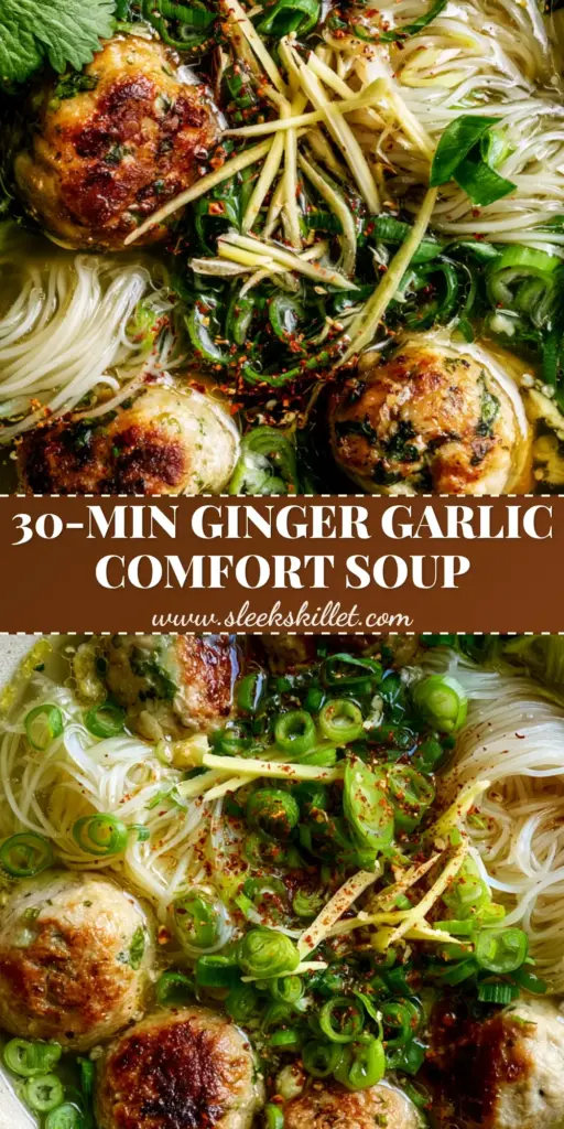 Chicken Meatball Noodle Soup with Ginger and Garlic 3 A rustic bowl of Chicken Meatball Noodle Soup with golden-brown meatballs, translucent noodles, and vibrant garnishes of julienned ginger and chili flakes.