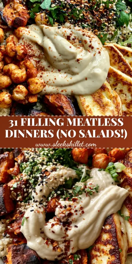 A rustic bowl filled with charred sweet potatoes, crispy chickpeas, seared halloumi, and quinoa drizzled with tahini sauce (meatless dinner recipes).