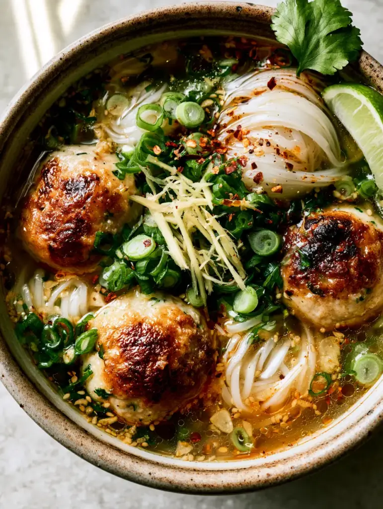 Chicken Meatball Noodle Soup with Ginger and Garlic 2 Close-up smartphone photo of Chicken Meatball Noodle Soup showing sesame oil droplets and herb-flecked meatballs.