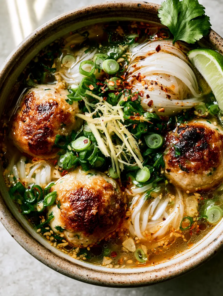 Chicken Meatball Noodle Soup with Ginger and Garlic 4 Close-up smartphone photo of Chicken Meatball Noodle Soup showing sesame oil droplets and herb-flecked meatballs.