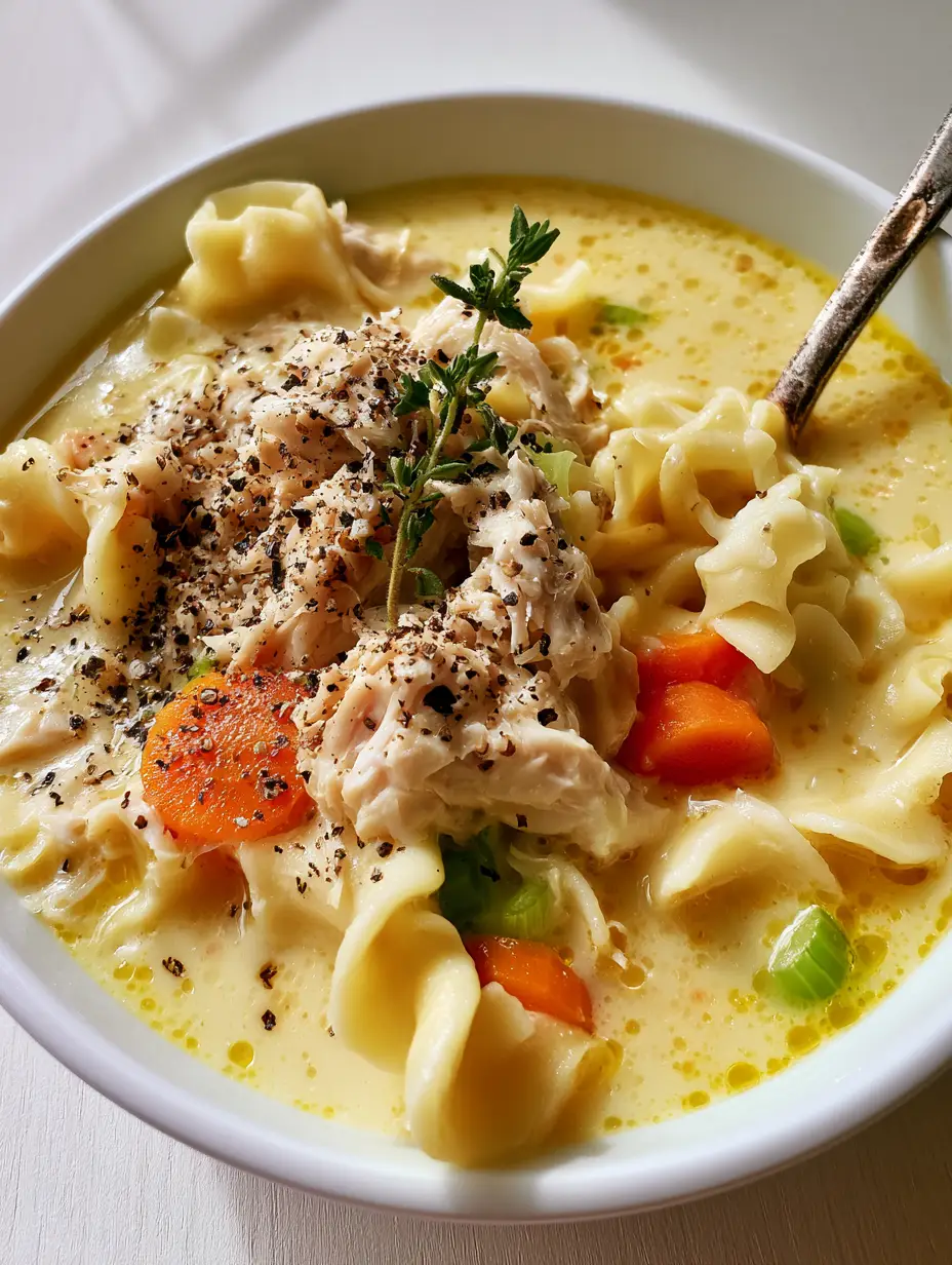 Top-down macro shot of Paula Deen chicken noodle soup showing shimmering golden oil droplets and orange carrot coins.
