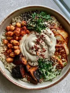 Top-down extreme close-up of a vegetarian harvest bowl with golden halloumi and roasted vegetables (meatless dinner recipes).