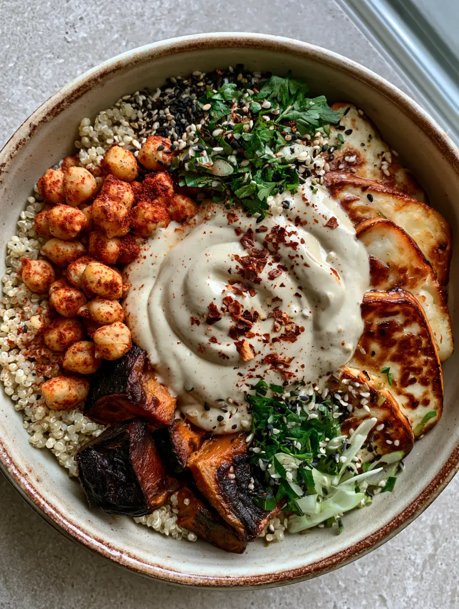Top-down extreme close-up of a vegetarian harvest bowl with golden halloumi and roasted vegetables (meatless dinner recipes).