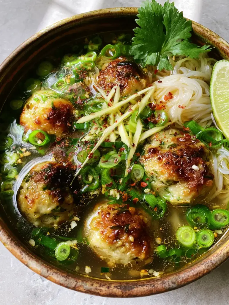 Chicken Meatball Noodle Soup with Ginger and Garlic 1 Top-down view of a ceramic bowl filled with Chicken Meatball Noodle Soup, scallions, and a lime wedge on a grey stone background.