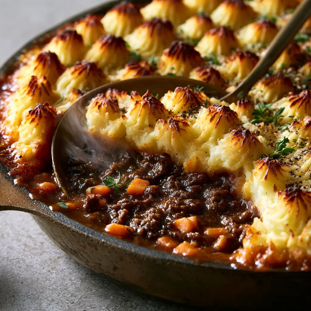 Detailed view of toasted whipped potato ridges and fresh thyme garnish on a Potato topped beef pie.