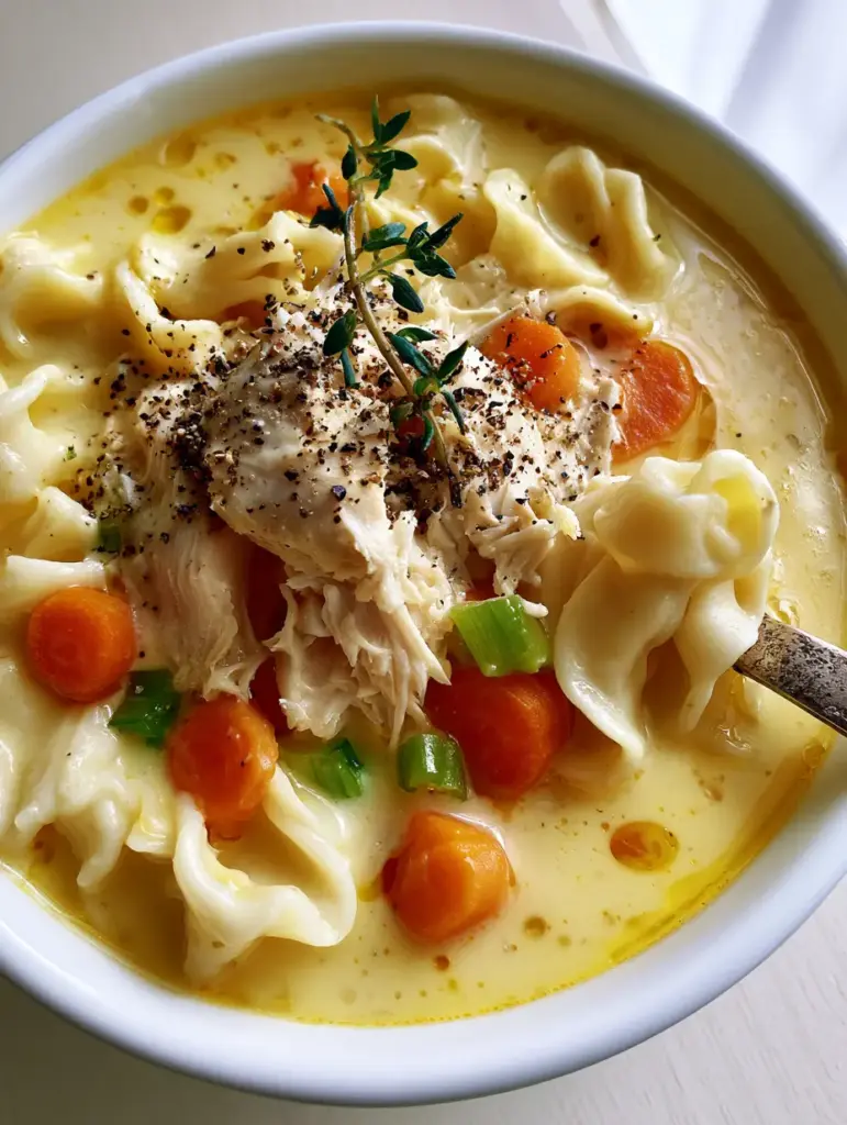 A close up of wide wavy egg noodles and hand-shredded chicken breast in a creamy yellow soup base.