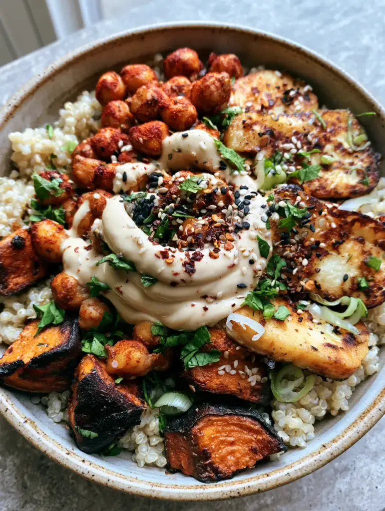 Detail of creamy lemon-tahini sauce drizzled over roasted chickpeas and sesame seeds.