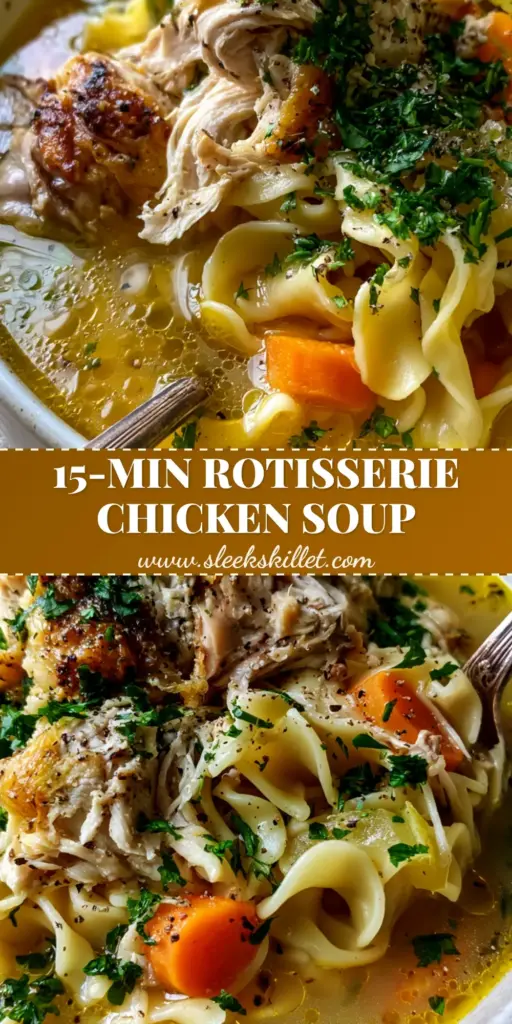 A rustic white ceramic bowl overflowing with classic chicken noodle soup featuring golden broth, wavy noodles, and shredded rotisserie chicken.