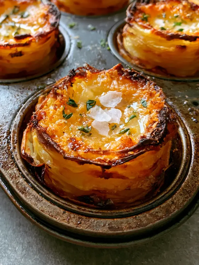 Potato Stacks with Crispy Garlic Butter and Toasted Parmesan 1 Macro focus on the crispy texture of a potato stack top with toasted parmesan cheese and flaky sea salt.
