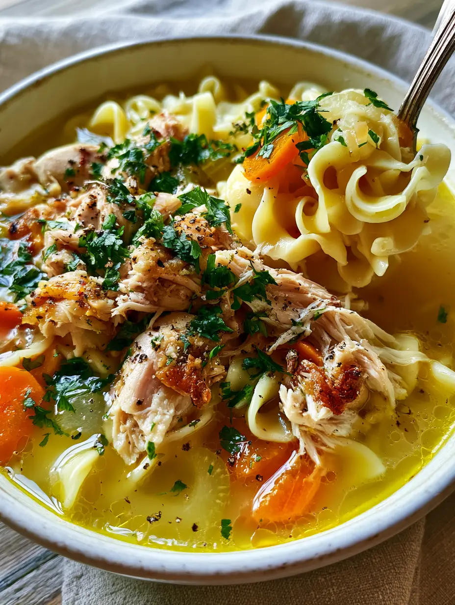 Close up handheld photo of golden chicken noodle soup with glistening oil droplets and fresh parsley. (classic chicken noodle soup)