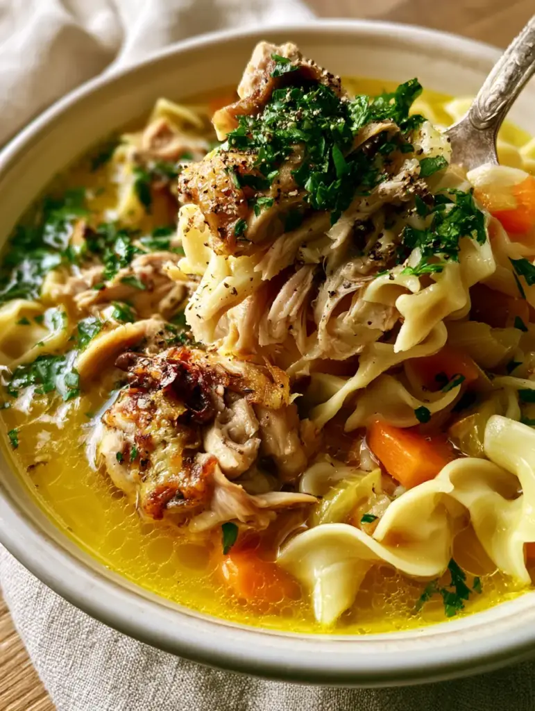 Thick wide wavy egg noodles intertwined with tender carrots and rotisserie chicken in a classic chicken noodle soup.