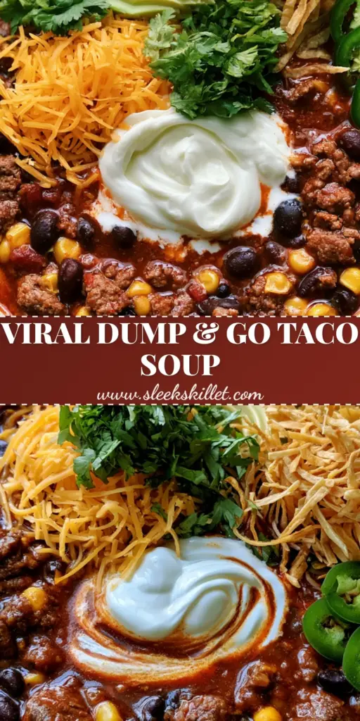 Crockpot Taco Soup: The Ultimate Hearty Family Dinner Recipe 4 Top-down view of a rustic ceramic bowl filled with hearty Crockpot Taco Soup featuring a thick reddish-brown broth, browned beef, black beans, corn, and a sour cream swirl, topped with avocado and tortilla strips.