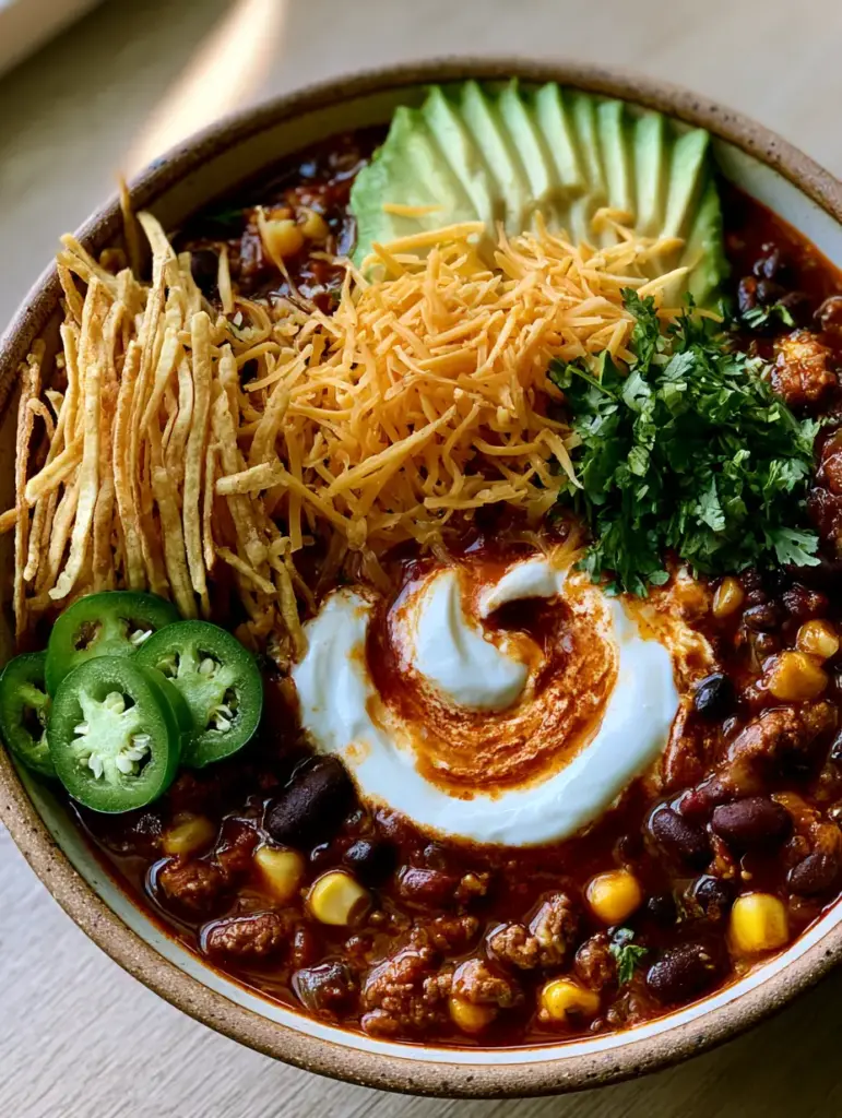 Crockpot Taco Soup: The Ultimate Hearty Family Dinner Recipe 2 Close-up of Crockpot Taco Soup in a ceramic bowl with melted sharp cheddar cheese, sliced avocado, and golden tortilla strips on a light wood background.
