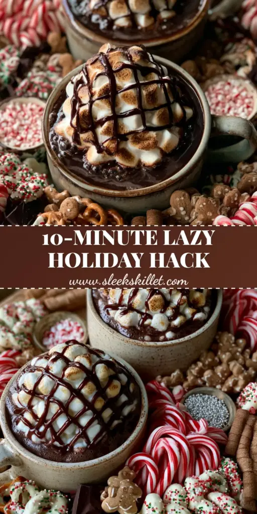 Hot cocoa charcuterie board: The Ultimate Holiday Dessert Spread 4 A rustic circular wooden Hot cocoa charcuterie board featuring mugs of dark chocolate with toasted marshmallows, gingerbread cookies, and peppermint candy canes.