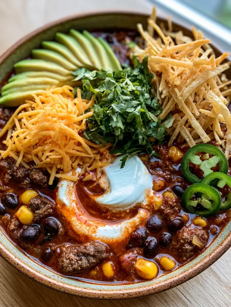 Crockpot Taco Soup: The Ultimate Hearty Family Dinner Recipe 1 A steaming bowl of thick reddish-brown Crockpot Taco Soup with browned ground beef and black beans, featuring a swirl of sour cream melting into the broth.