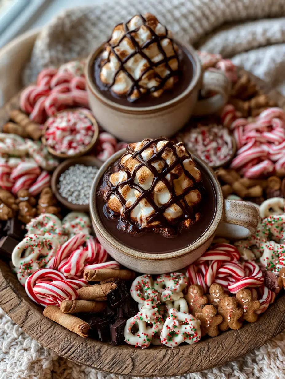 Hot cocoa charcuterie board: The Ultimate Holiday Dessert Spread 3 Close up shot of a Hot cocoa charcuterie board with steaming mugs, chocolate syrup drizzle, and festive red and green sprinkles.