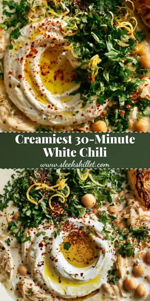 Mediterranean White Chicken Chili (Velvety & Dairy-Free) 4 A close-up vertical shot of Mediterranean White Chicken Chili with a dairy-free cream swirl, fresh herbs, and a charred lemon wedge, perfect for pinning.