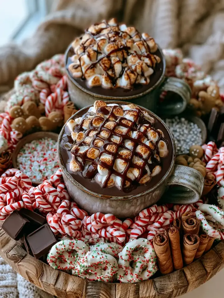 Hot cocoa charcuterie board: The Ultimate Holiday Dessert Spread 1 A rustic wooden board styled as a Hot cocoa charcuterie board with gingerbread men and white chocolate dipped pretzels.